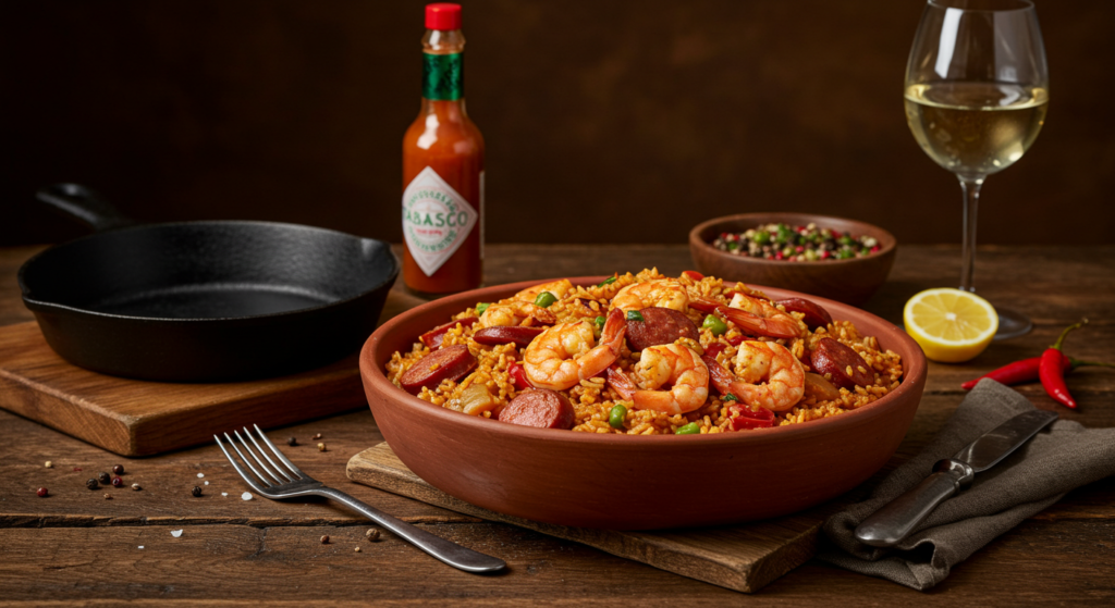 Homemade New Orleans style jambalaya with sausage and shrimp in a cast iron pot, garnished with fresh parsley