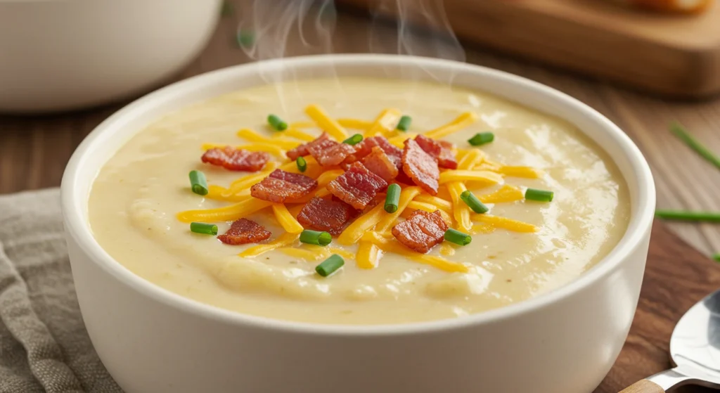 The ultimate comfort food! This rich, hearty soup tastes just like a loaded baked potato in soup form. Made with Yukon gold potatoes, sharp cheddar, crispy bacon, and topped with all your favorite baked potato toppings.