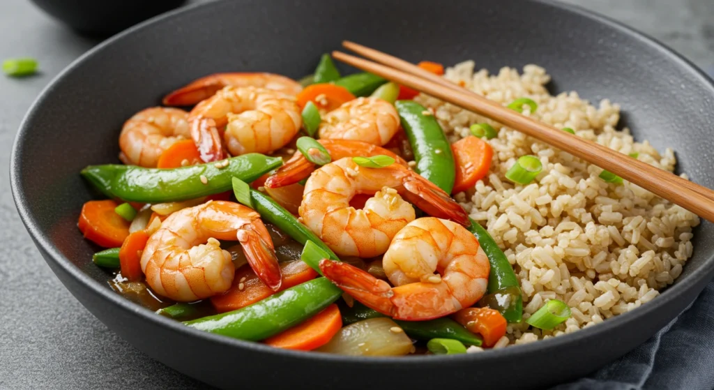 Colorful shrimp stir-fry with vibrant vegetables and brown rice in a glossy sauce, served in a white bowl with chopsticks