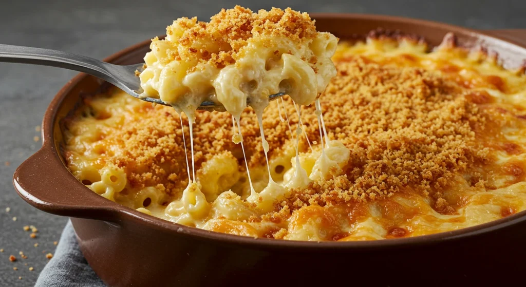 Bubbling homemade mac and cheese in a casserole dish with golden-brown crunchy breadcrumb topping, showing creamy cheese sauce and perfectly cooked pasta